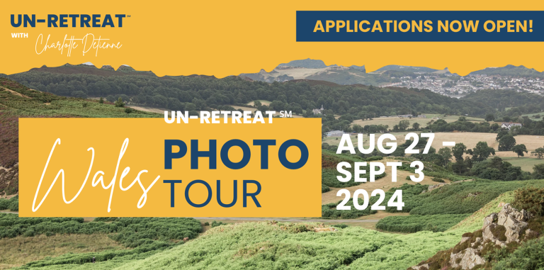 Promotional image for a photo tour called "un-retreat" featuring picturesque hills and dates from aug 27 to sept 3, 2024, with text "applications now open!.