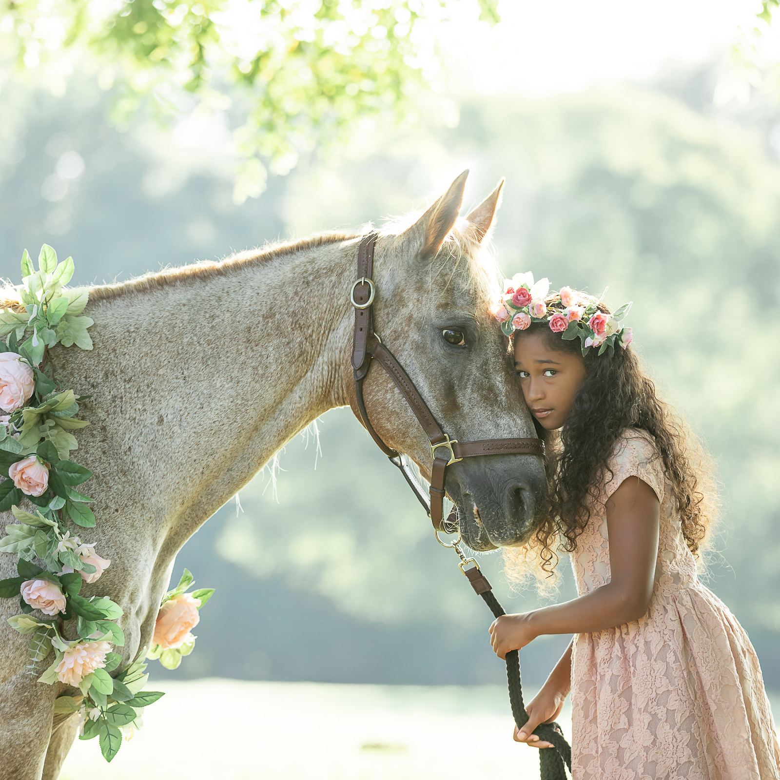girls with apaloosa pont and flower crown wreath pink dress