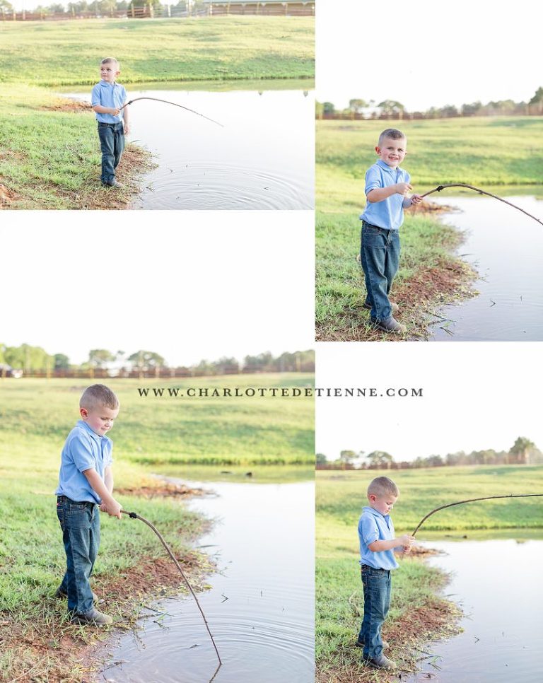 little boy pretending to fish in pond