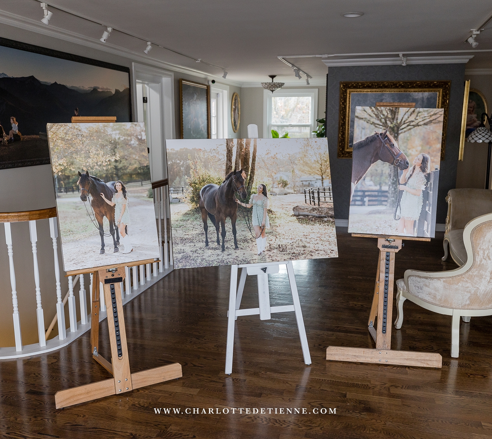 Georgia equestrian masterpiece: Striking triptych display of wrapped photo canvases portraying the beauty and connection of a rider and her hunter jumper horse at Windsor Stables in Milton, GA.