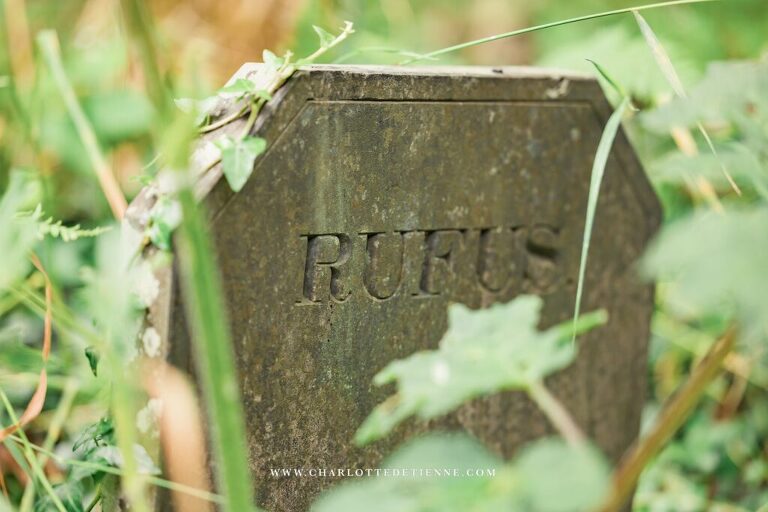 A gravestone with the word rufis in the grass.