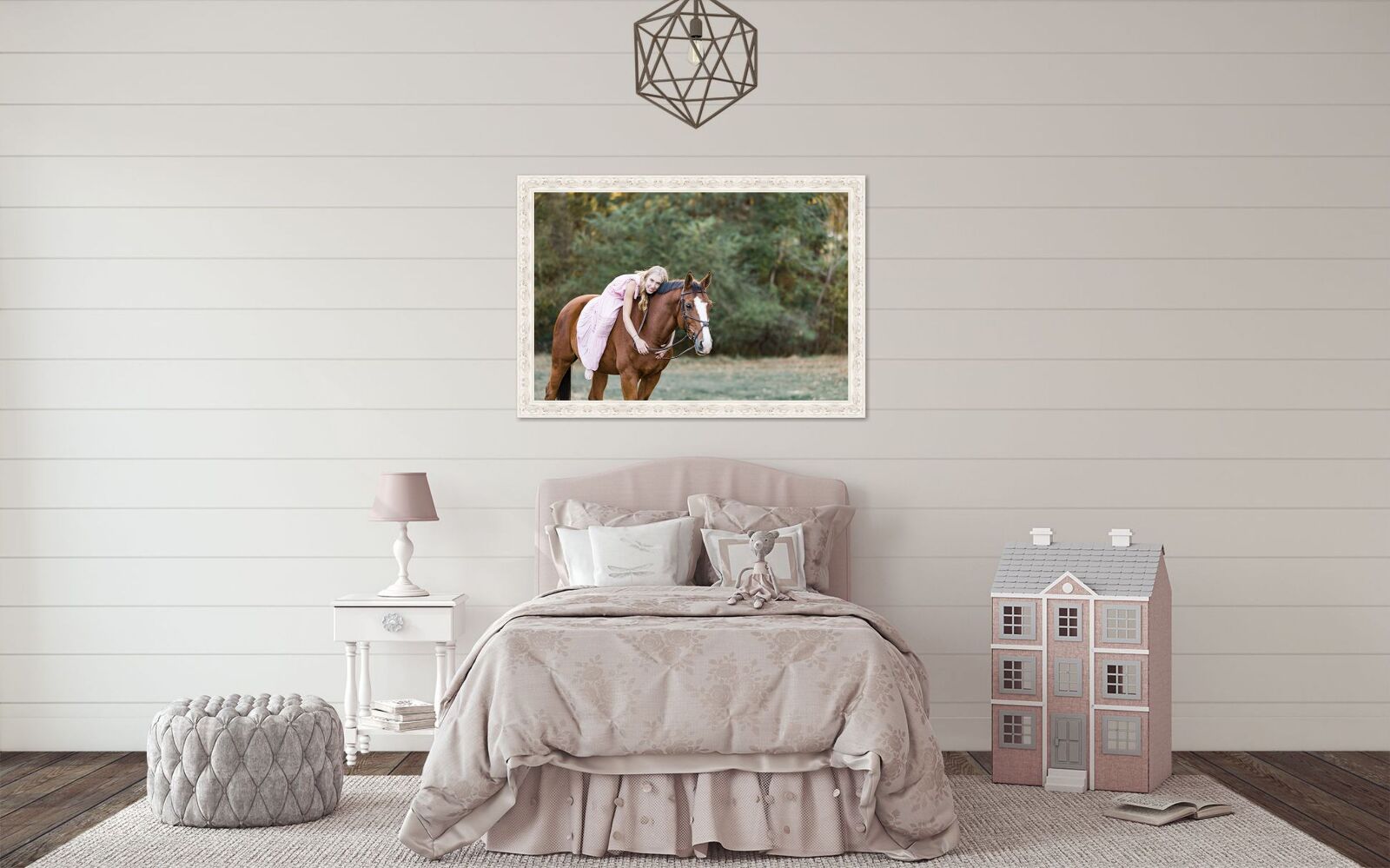 A girl's bedroom with a horse on the wall.