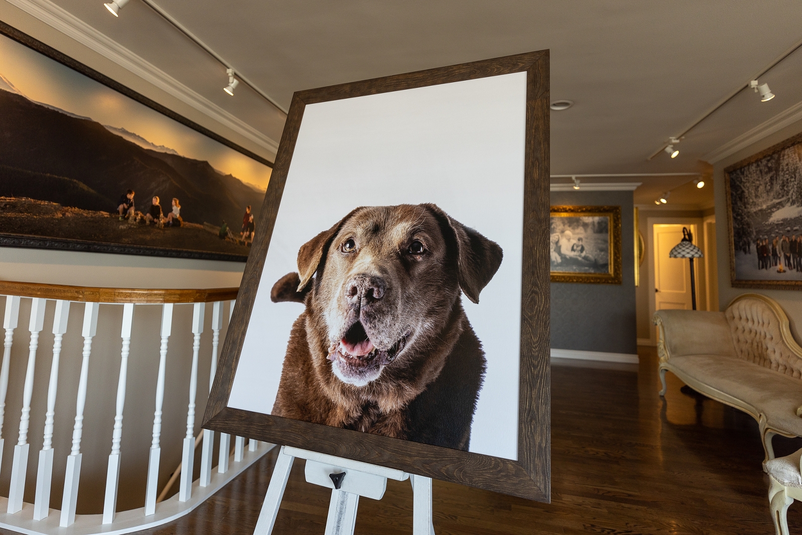 A large framed portrait of a brown dog displayed on an easel in an art gallery.