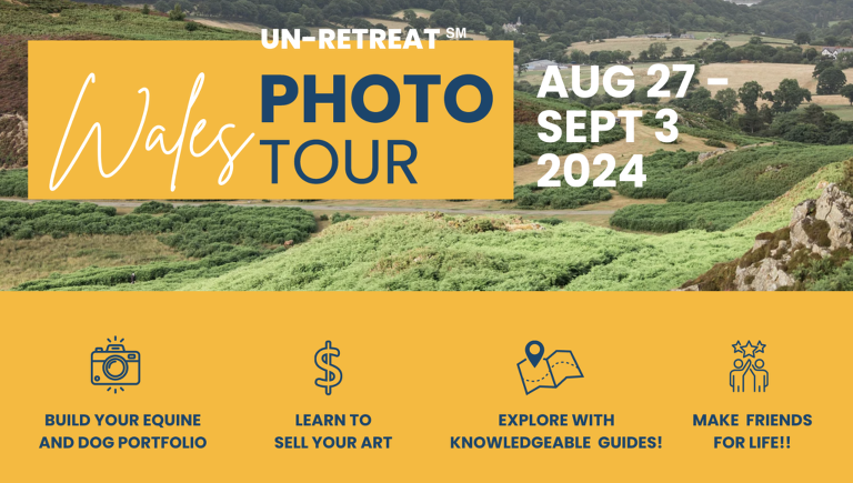 Promotional image for a Wales photo tour from August 27 to September 3, 2024, featuring text highlights of the event and icons representing different activities such as portfolio building and exploring with guides.